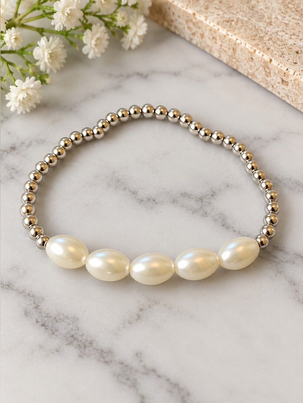 Classic Faux Pearl & Silver Bead Stretch Bracelet - Ivory